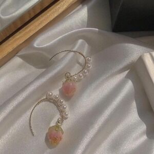 Charming Crystal pink Strawberry Earrings with Pearl Accent - 3D Fruit Design